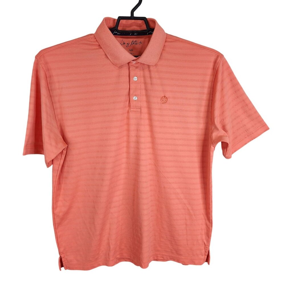 Mens Orange Coral Striped Gorge Strait Golf Polo Shirt Short Sleeve Size L
